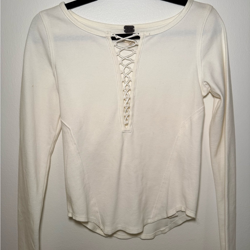 Free People Ivory Lace-Up Long Sleeve Top